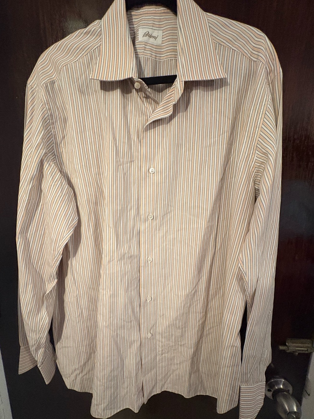 Brioni White Dress Shirt with Brown and Blue Pinstripes. Neck 17.5.